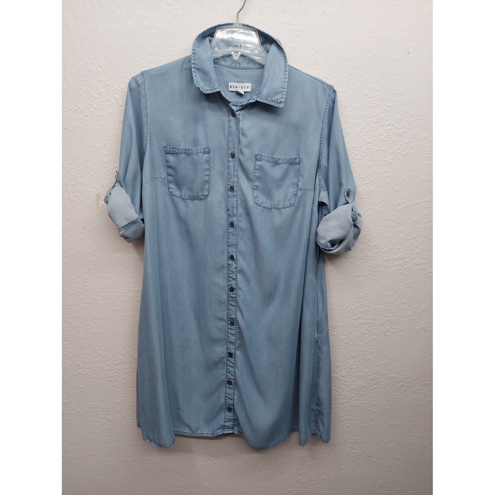 Ava & Viv Denim Chambray Dress Womens 1X Blue Roll Tab Shirt Button Front Pocket